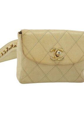 CHANEL Bicolore Waist bag Lamb Skin Beige Gold CC Auth 182545